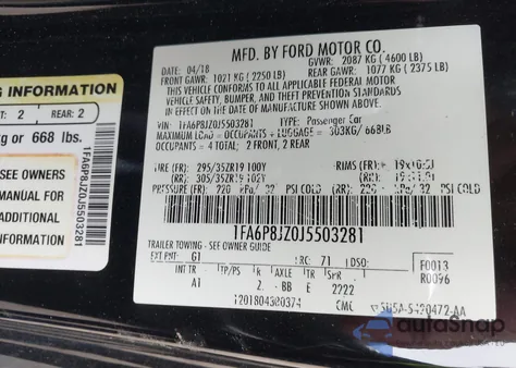 2018 Ford Shelby Gt350 z USA, uszkodzony, nr VIN 1FA6P8JZ0J5503281